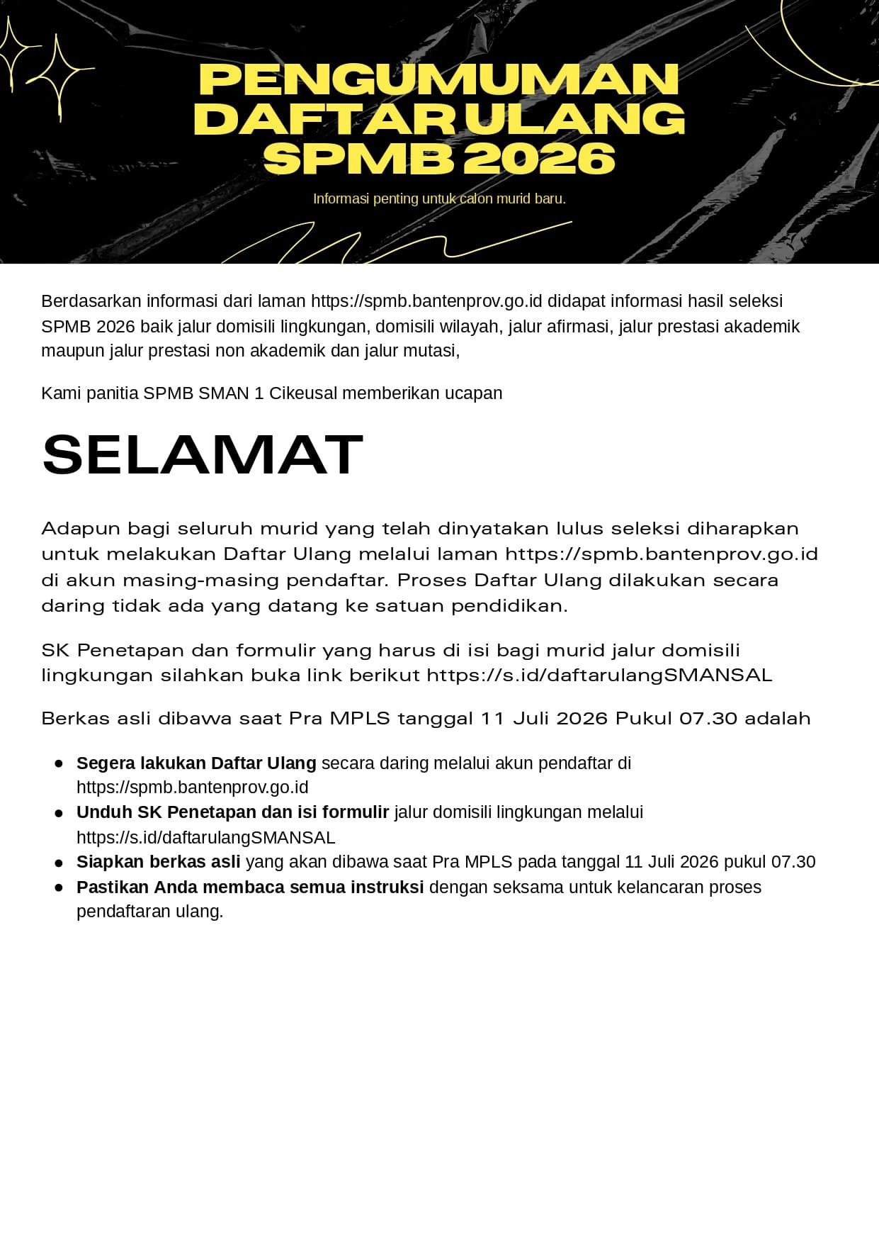 PENGUMUMAN SPMB JALUR DOMISILI LINGKUNGAN