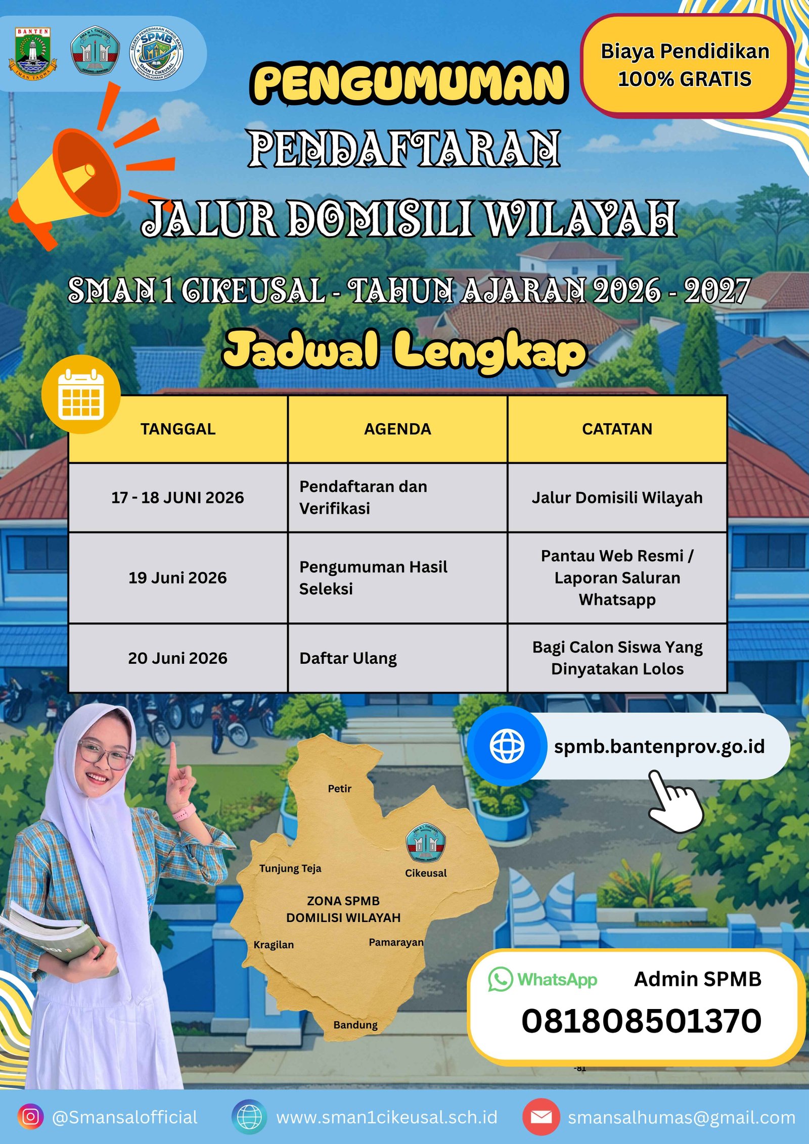 ​Kabar Gembira! SPMB Jalur Domisili Wilayah SMAN 1 Cikeusal Dibuka Mulai Besok, Biaya Pendidikan 100% Gratis