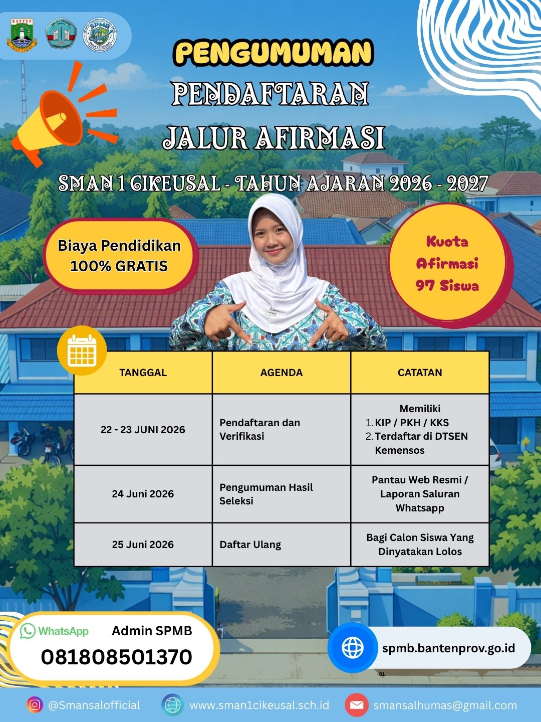 Pendaftaran SPMB Jalur Afirmasi SMAN 1 Cikeusal Tahun Ajaran 2026/2027 Segera Dibuka, Tersedia Kuota 97 Siswa (100% Gratis)